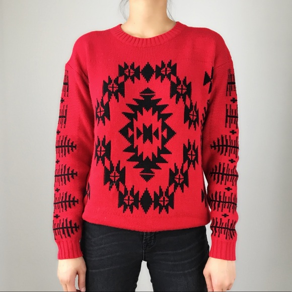 Sweaters - Red Aztec pattern knitted sweater